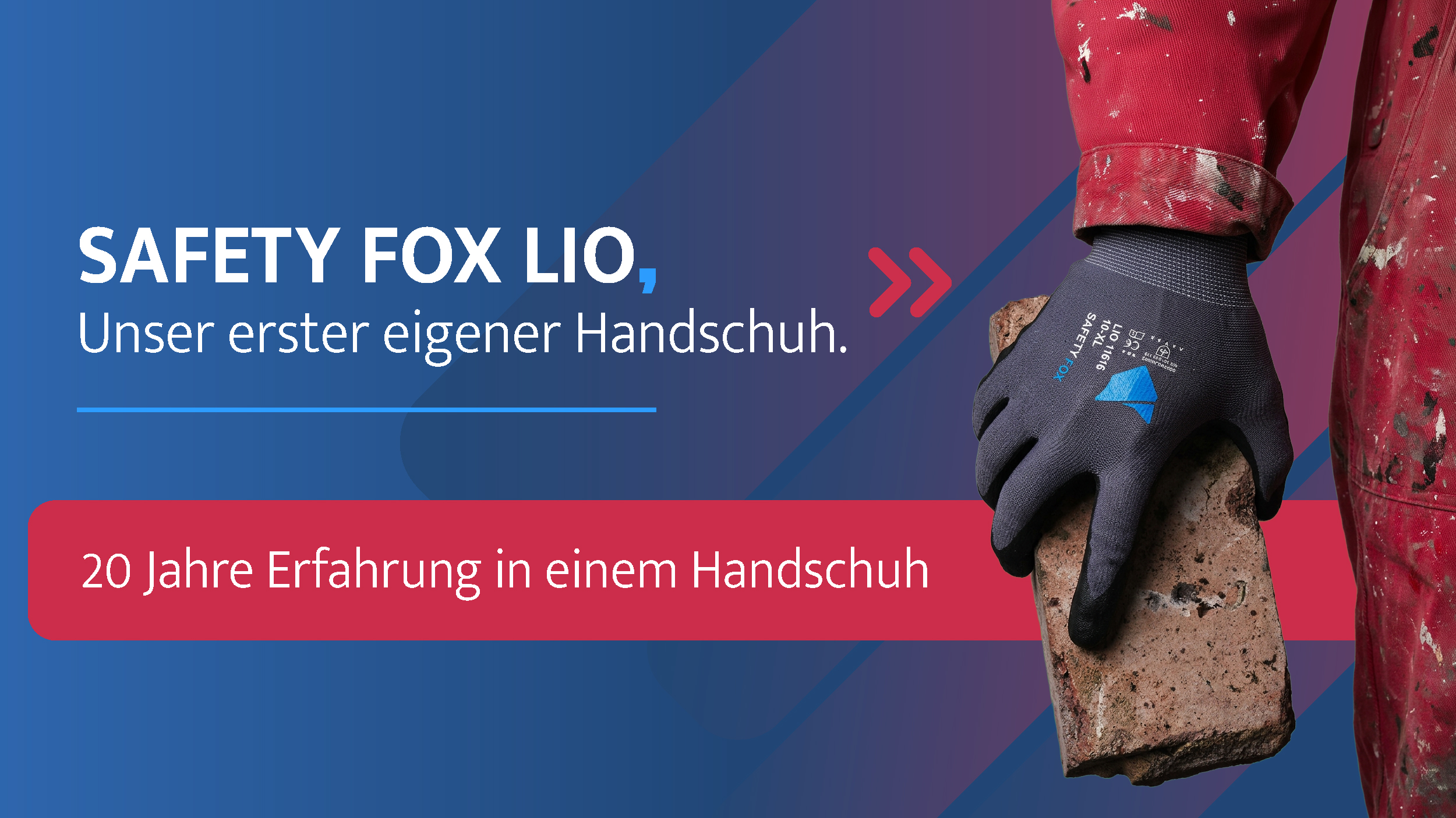 Hand mit dunkelgrauem Safety Fox LIO Arbeitsschutzhandschuh hält einen Ziegelstein, Werbebanner mit Text 20 Jahre Erfahrung in einem Handschuh