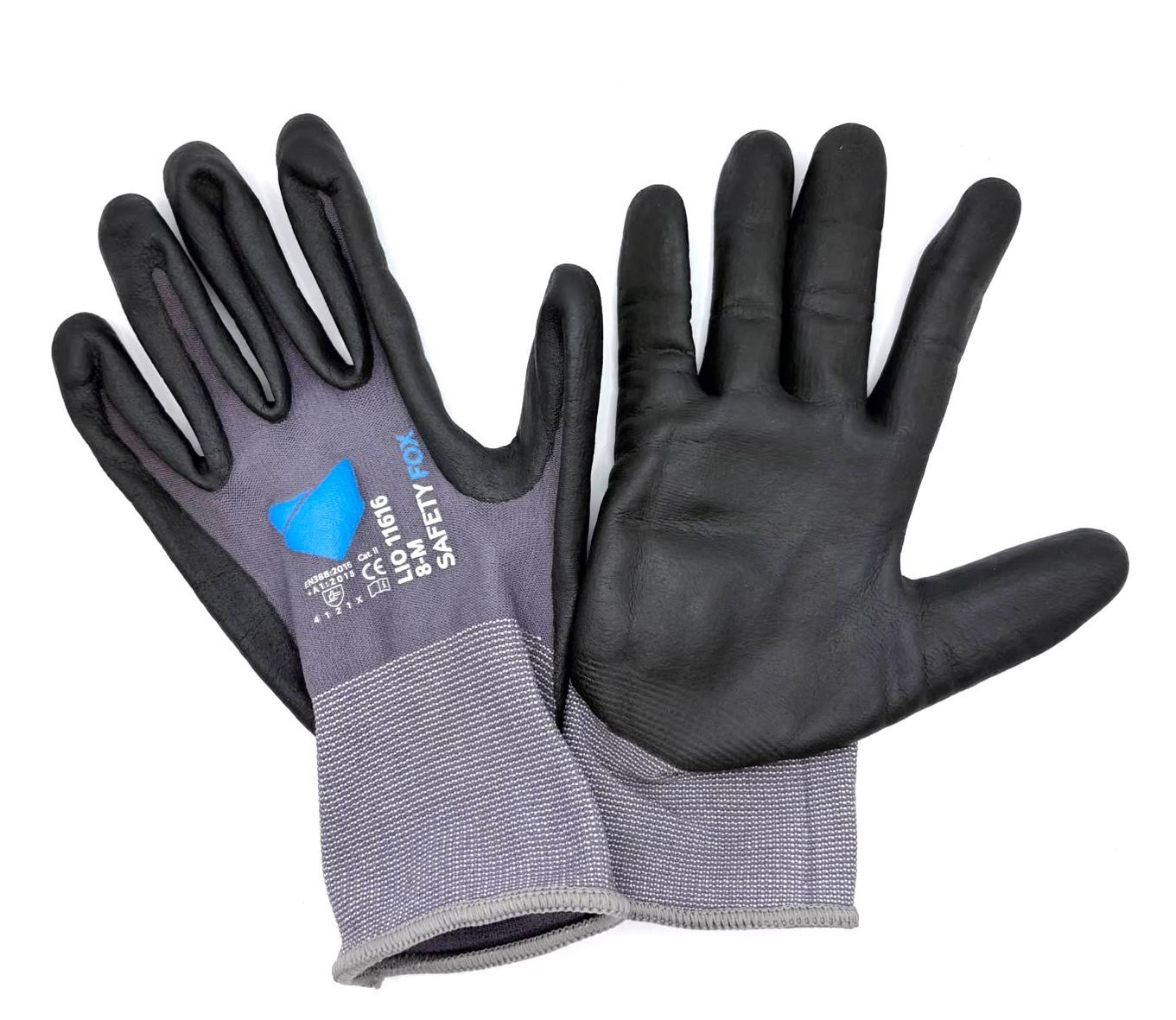 Graue Arbeitshandschuhe Safety Fox mit schwarzer Nitril-Beschichtung an Handfläche und Fingern, Größe 8-M