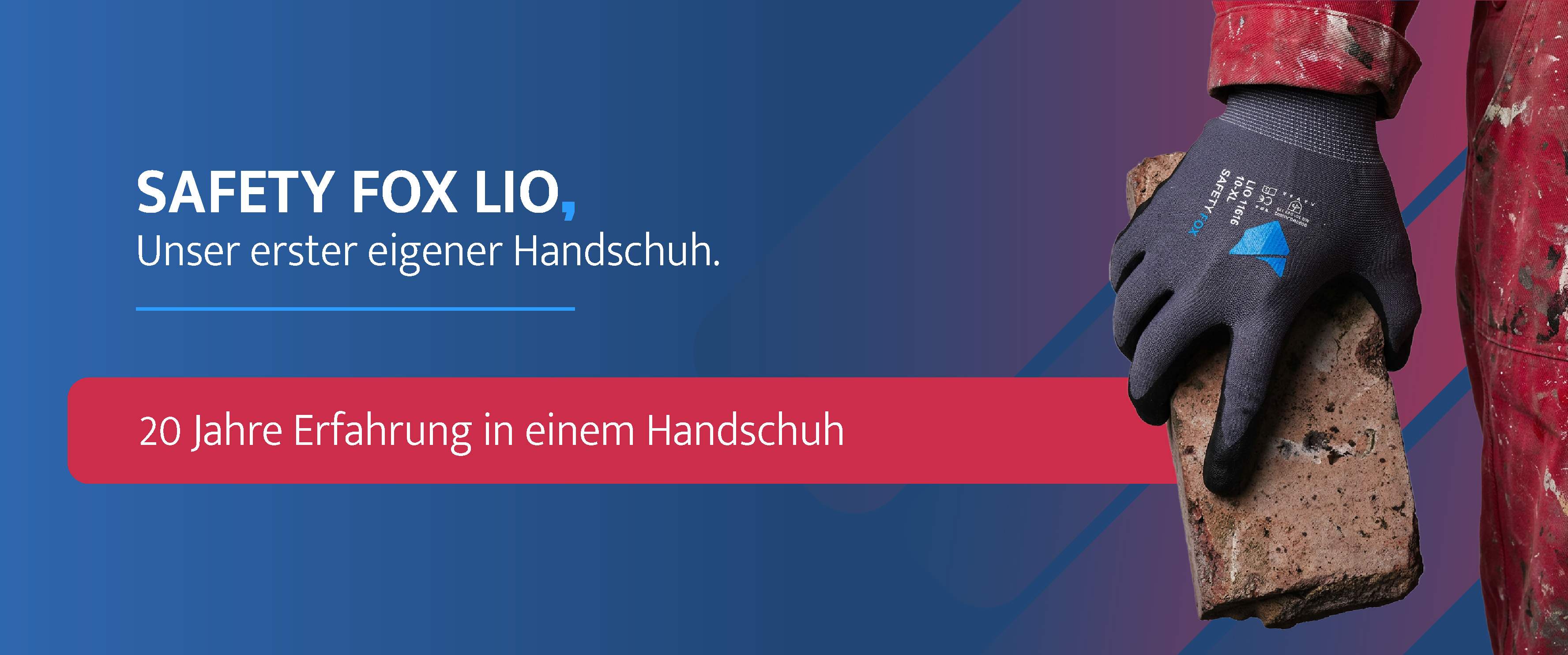 Hand mit dunklem Safety Fox Lio Arbeitshandschuh hält einen Backstein, Werbebanner für den neuen Schutzhandschuh