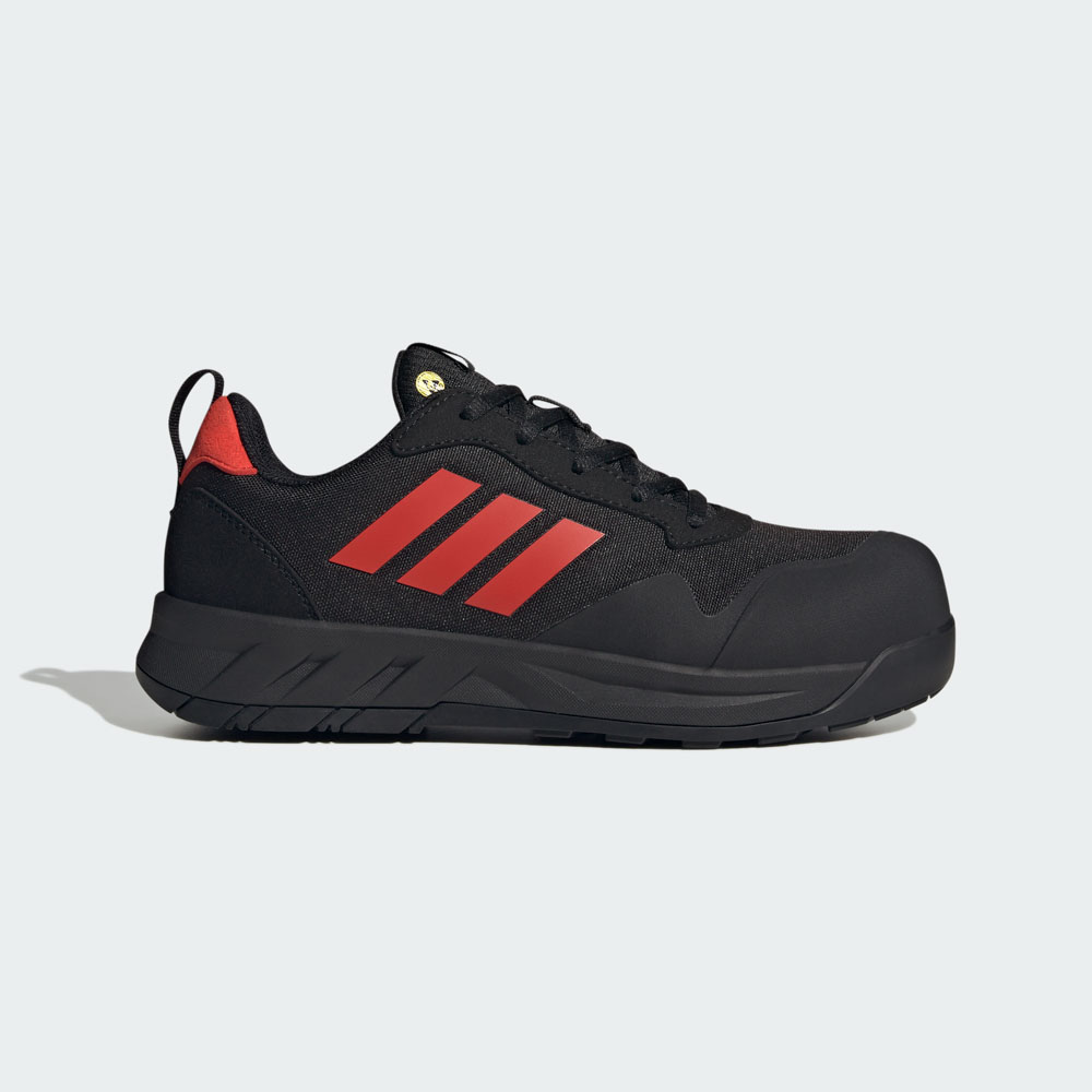Adidas Sicherheitsschuh Sneaker in Schwarz mit roten Streifen, Seitenansicht auf weißem Hintergrund