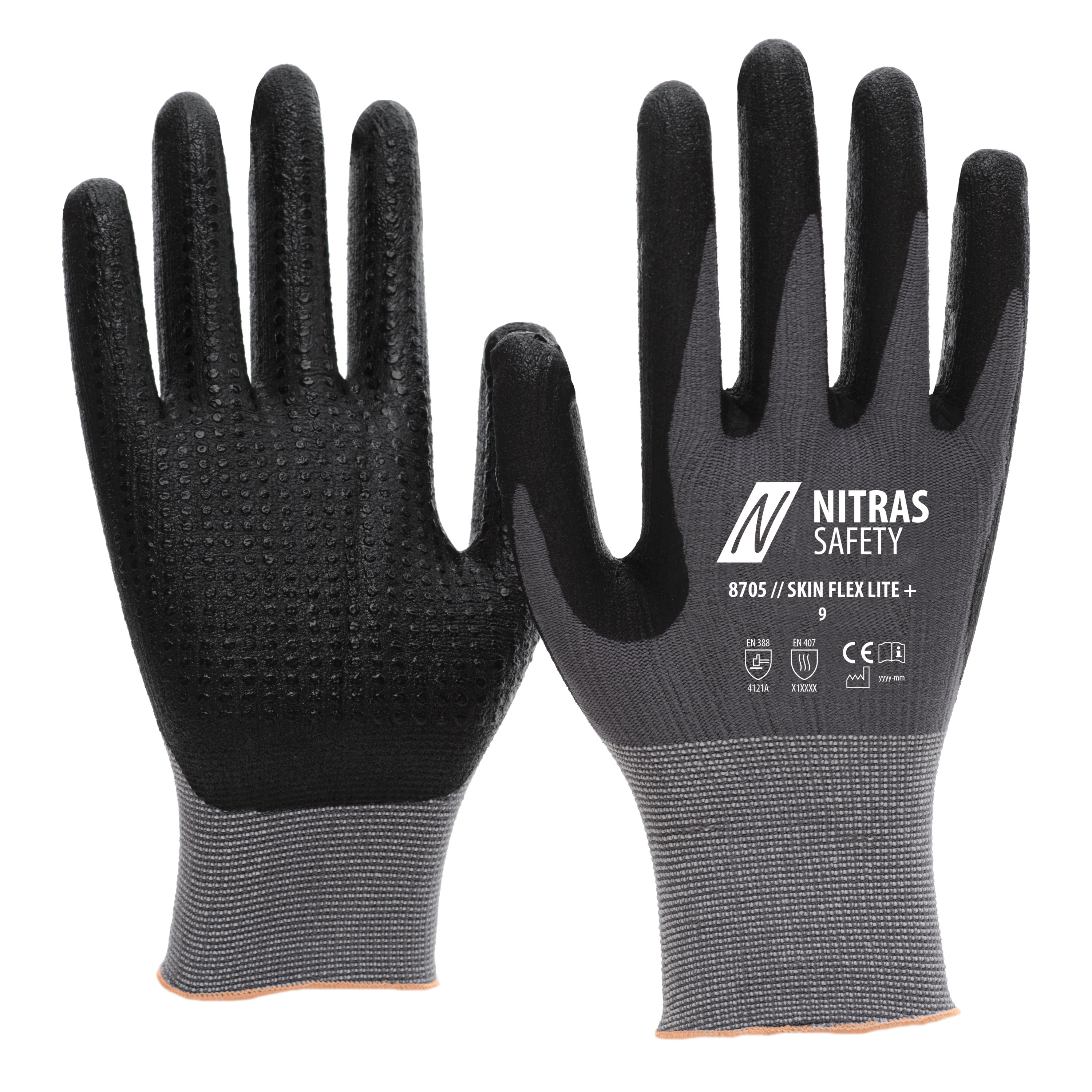 8705 - NITRAS SKIN FLEX LITE+, Montagehandschuhe, grau / schwarz, EN ISO 21420, EN 388, EN 407, OEKO-TEX