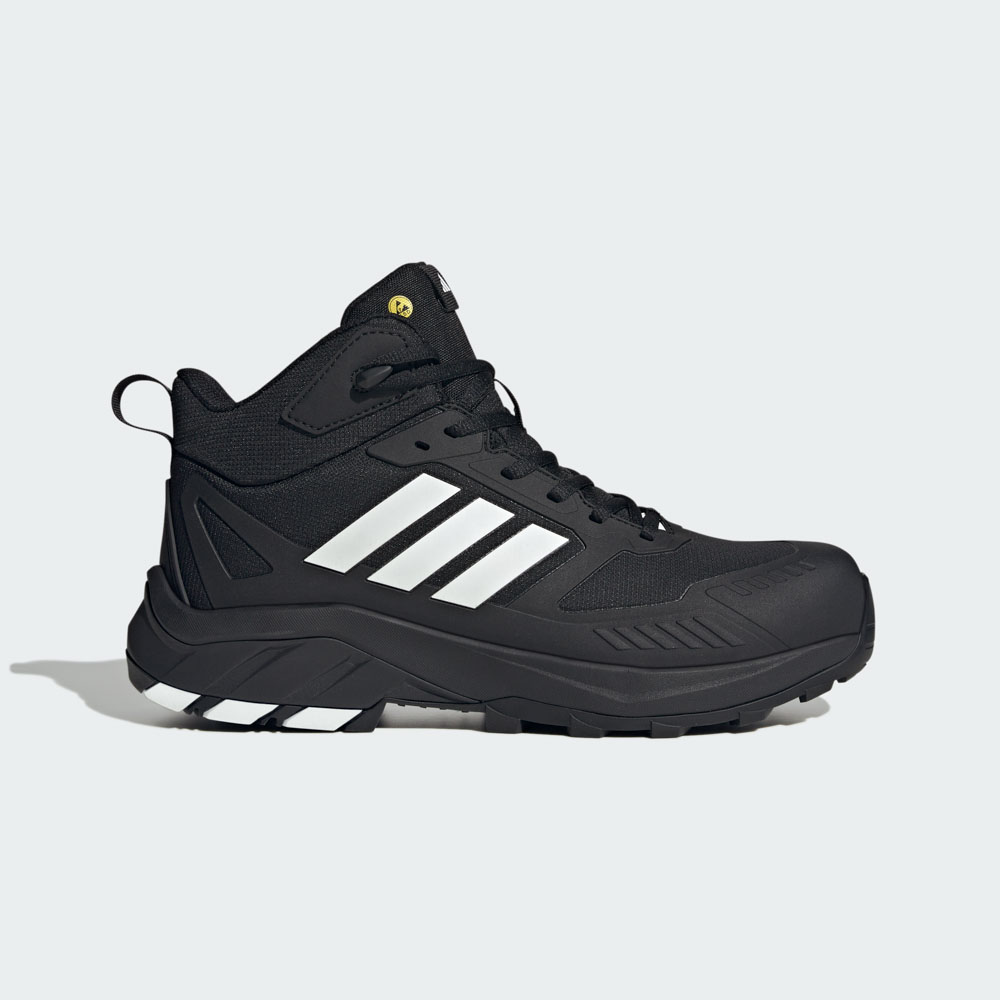 ADIDAS Gradix MID S3S Sicherheitsschuh in Schwarz mit weißen Streifen, halbhoher Schaft, robuster Sohle und Schutzkappe für Bau, Handwerk und Logistik
