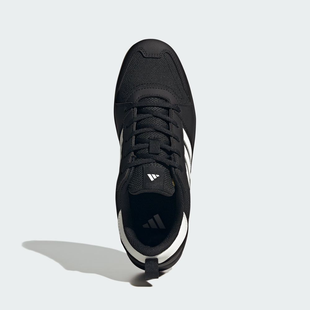 ADIDAS Motix LOW S1PS Sicherheitsschuh in Schwarz mit weißen Streifen, Draufsicht auf Obermaterial aus Mikrofaser und Mesh
