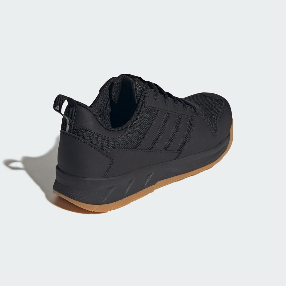 Schwarzer ADIDAS Motix LOW S1PS Sicherheitsschuh mit drei Streifen und brauner Gum-Laufsohle, Ansicht von hinten