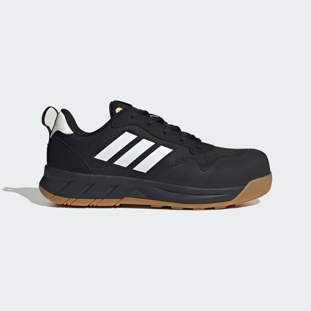 ADIDAS Argaro LOW W S1PS Sicherheitsschuh für Damen in Schwarz mit weißen Streifen und brauner Laufsohle, Seitenansicht