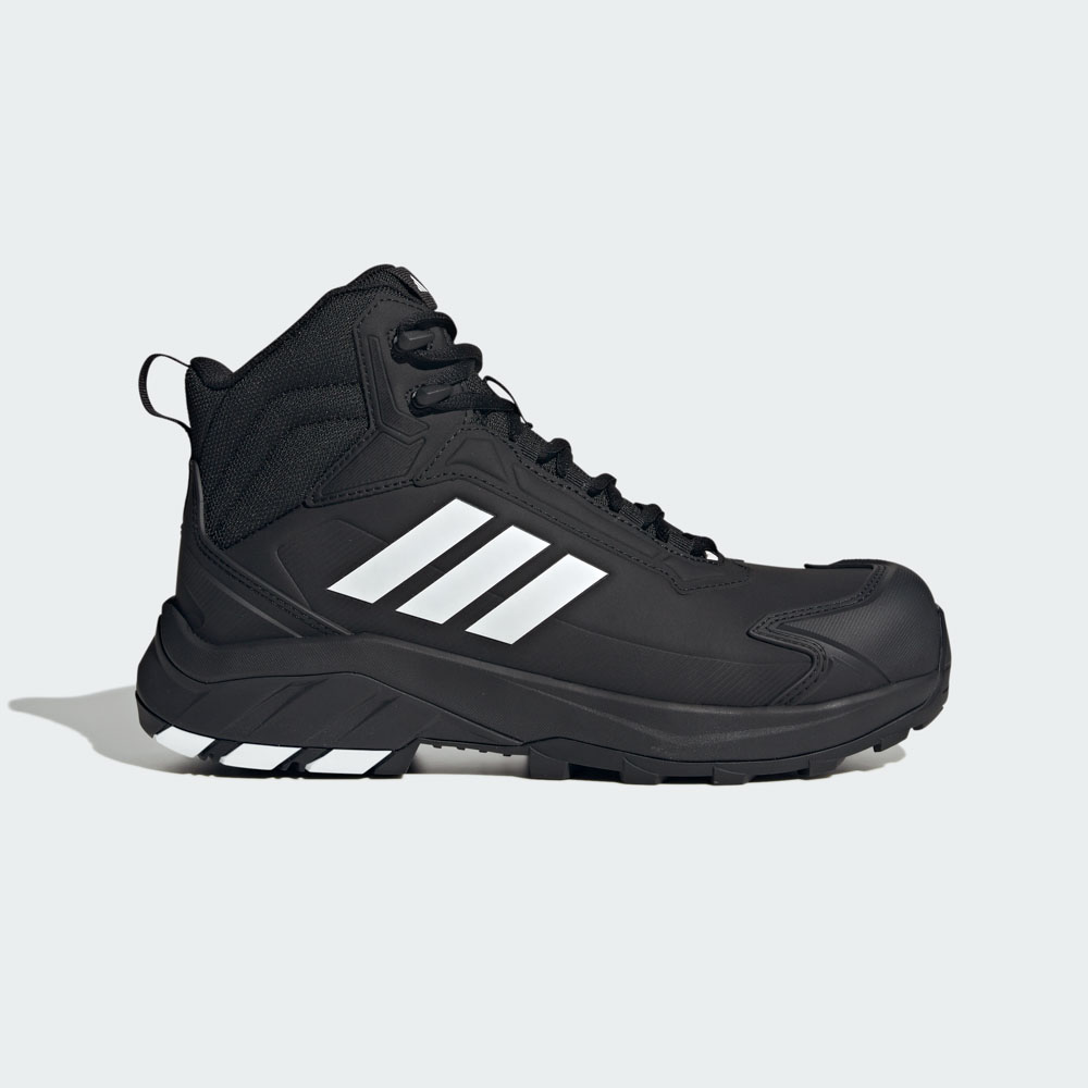Schwarzer adidas Outdoor-Stiefel mit hohem Schaft, weißen Markenstreifen und robuster Profilsohle
