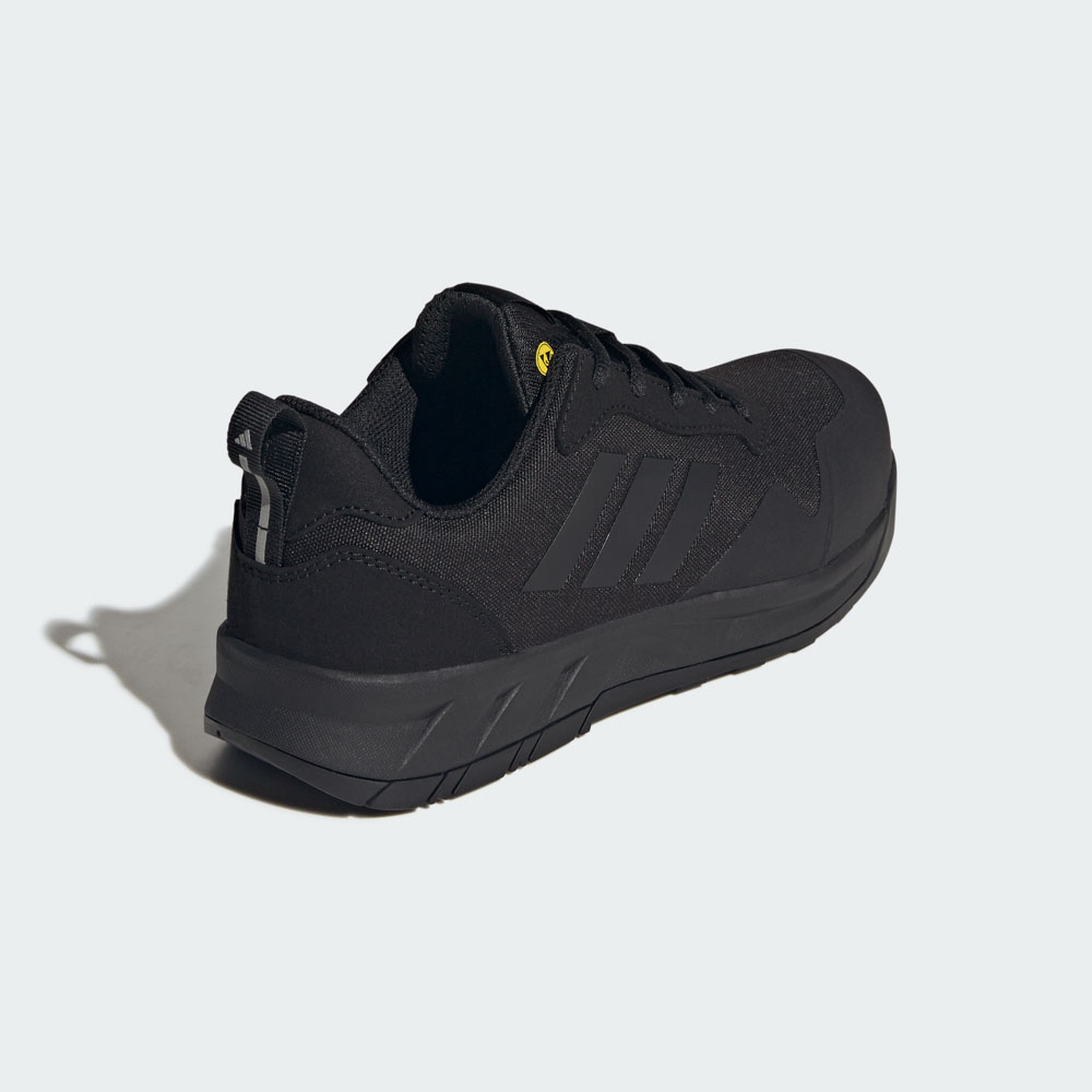 Schwarzer ADIDAS Argaro LOW W S1PS Sicherheitsschuh für Damen mit Mesh-Obermaterial, Fersenansicht mit sichtbarem adidas-Markenstreifen und robuster Sohle