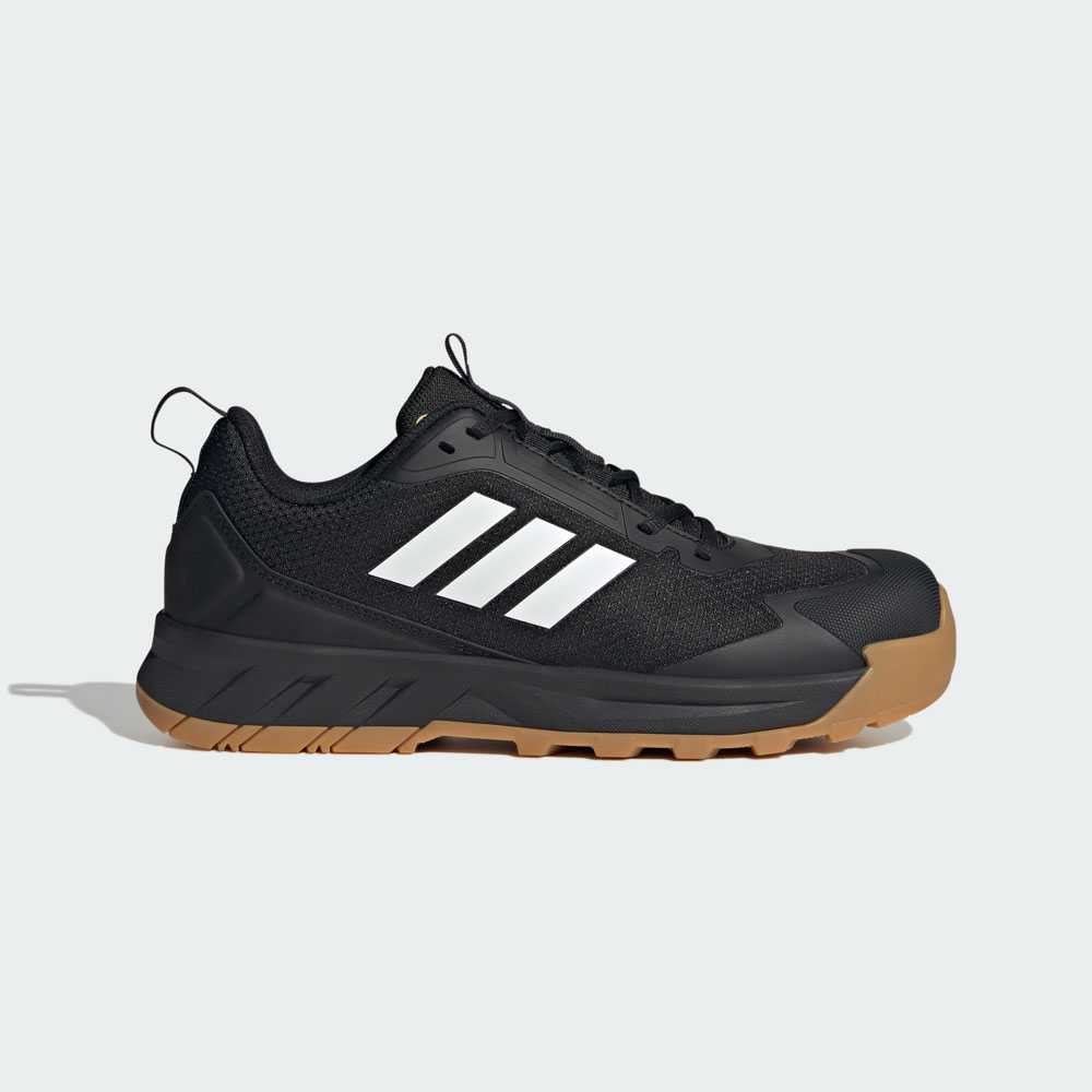 Schwarzer adidas Sneaker mit weißen Dreistreifen, robuster Zehenkappe und brauner Gummisohle, Seitenansicht