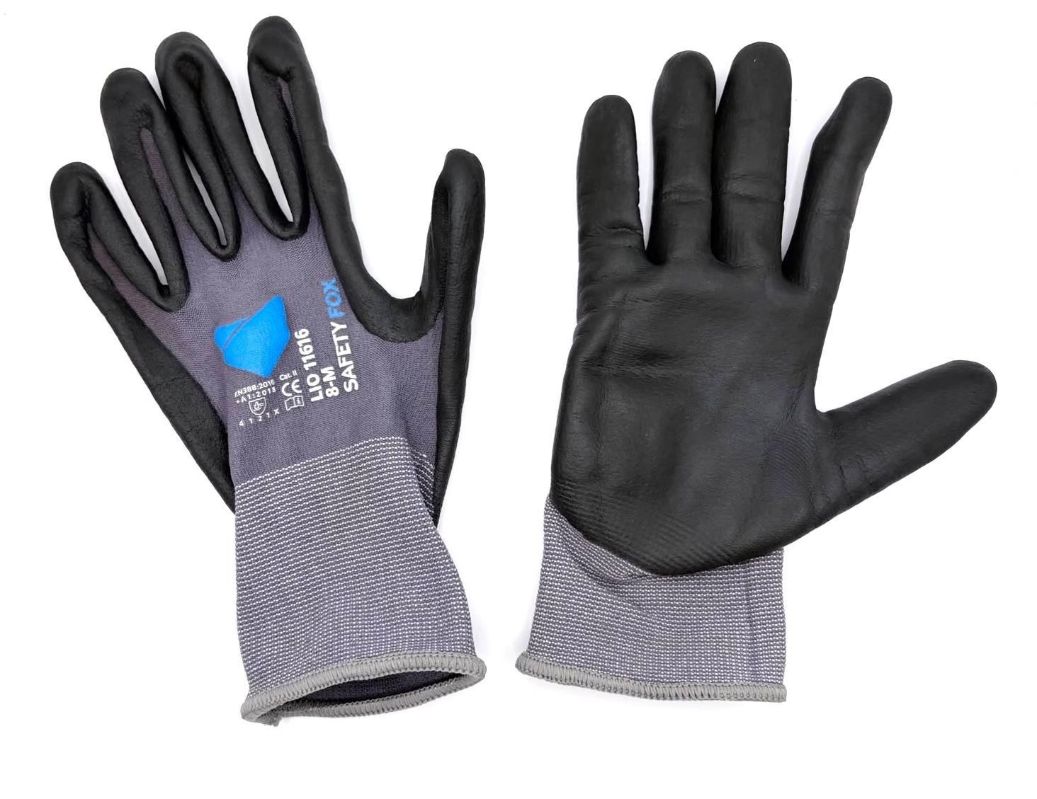 Paar grau-schwarze Arbeitshandschuhe Safety Fox LIO 11616 in Größe 8-M mit Nitrilbeschichtung an Handfläche und Fingern